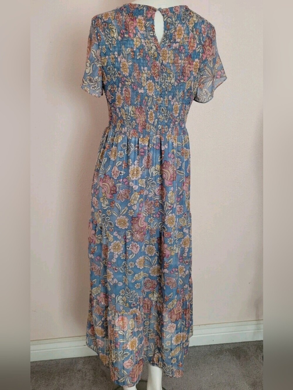 Nanette Lepore Blue Floral Smocked Maxi Dress Metallic Stripe Size 10 - Picture 5 of 7